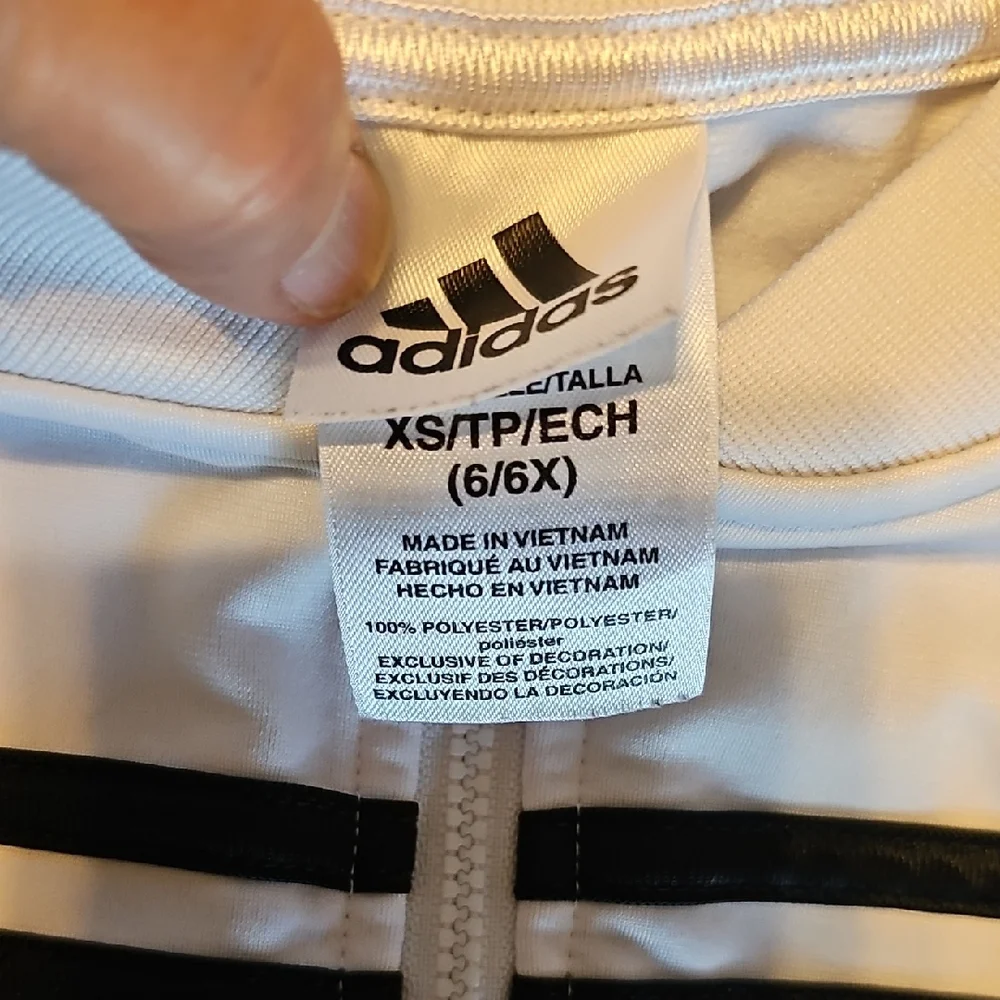 Adidas White Jacket Black Stripes Activewear Size 6 6x Xsmall Boy Girl Coat